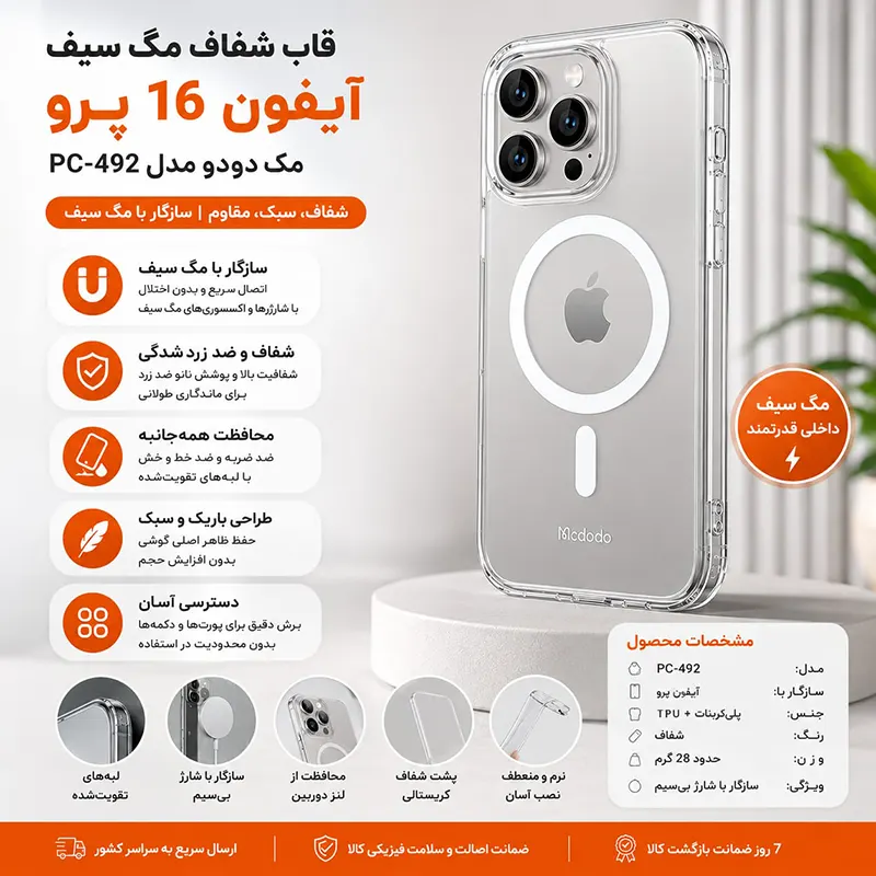 قاب شفاف مگ سیف آیفون 16 پرو مک دودو مدل PC-4922